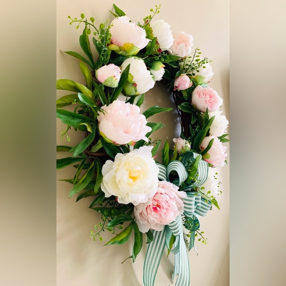 HAND CRAFTED Everyday Door Wreath with Pink and White Peonies - Picture 3 of 9